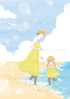 ママと娘が海で遊んでいるイラスト