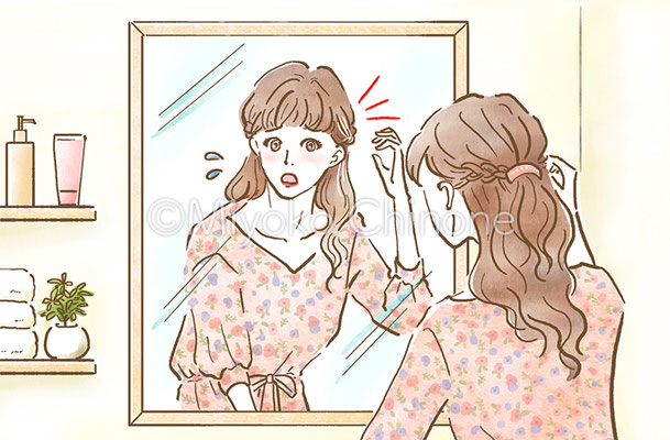 鏡で髪型を気にする女性のイラスト