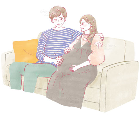 妊婦さんと夫の夫婦がソファに座るイラスト　イラストフリーペーパー「Anetis」　挿絵