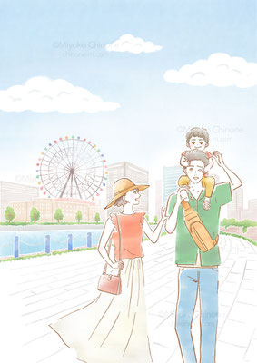 家族でお出かけしているイラスト（オリジナル）