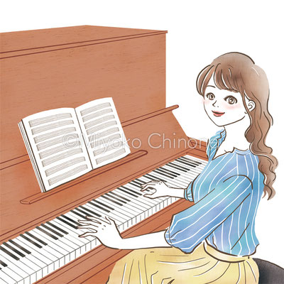 「のんびり弾きたい　オトナが始める初心者ピアノ」表紙イラスト　ピアノを弾く女性のイラスト