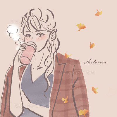 コーヒーを飲む秋の女性のイラスト（オリジナル）