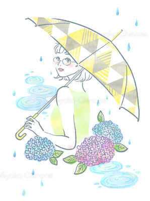 雨と紫陽花と女性のイラスト（オリジナル）