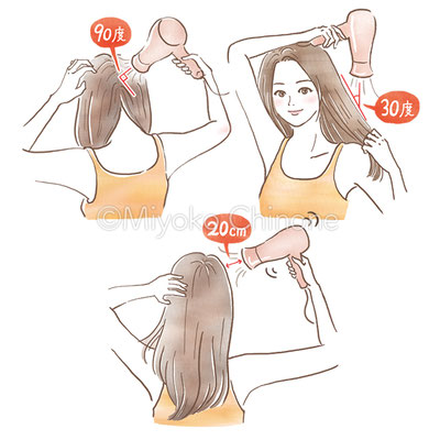 ドライヤーを使っている女性のイラスト