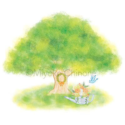 大きな木と花と鳥のイラスト