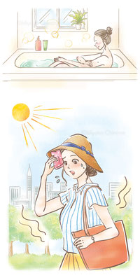 暑い日に汗を拭う女性のイラスト