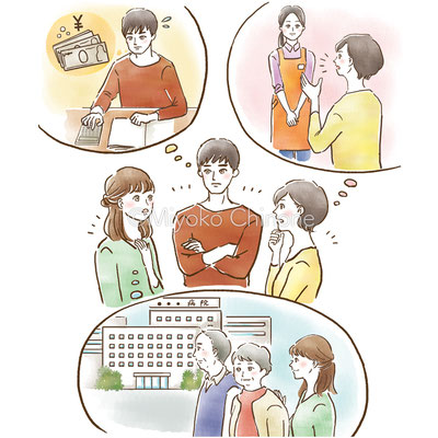 親の介護を話し合う家族のイラスト