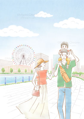 家族でお出かけを楽しんいるシーンのイラスト