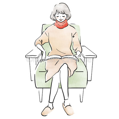 椅子で雑誌を読んでくつろいでいる女性のイラスト