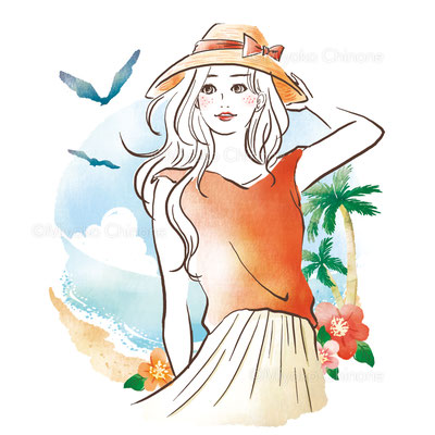 夏の海と女性のイラスト（オリジナル）