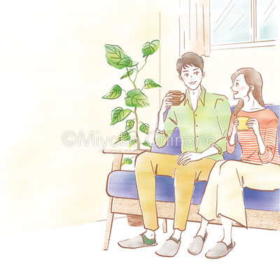 ソファでくつろいでいる夫婦のイラスト