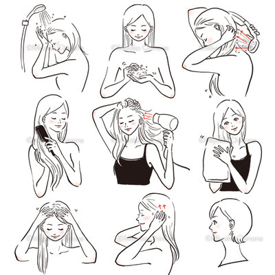 ヘアケアをしている女性のイラスト