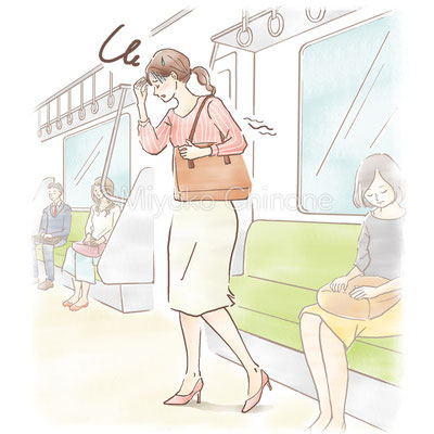 電車で目眩が起きている女性のイラスト