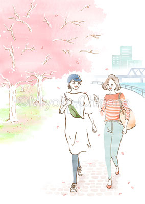 桜と散歩をする女性のイラスト