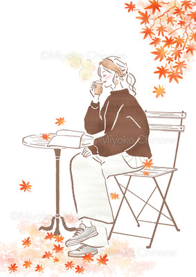 秋のカフェで一休みする女性のイラスト（オリジナル）