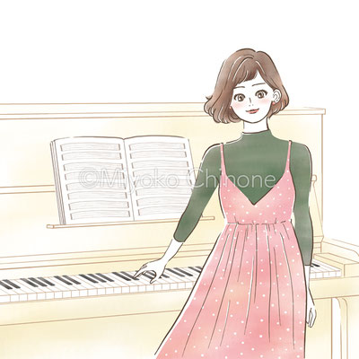 「のんびり弾きたい　オトナが始める初心者ピアノ2022-23」表紙イラスト　ピアノを弾く女性のイラスト