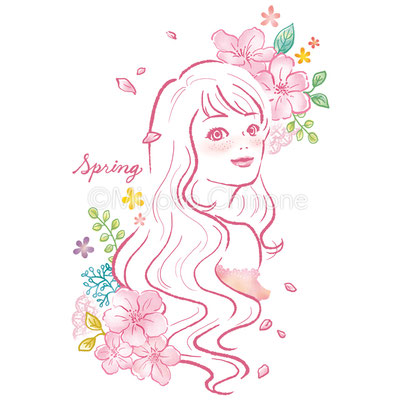 春の花と女性のイラスト（オリジナル）