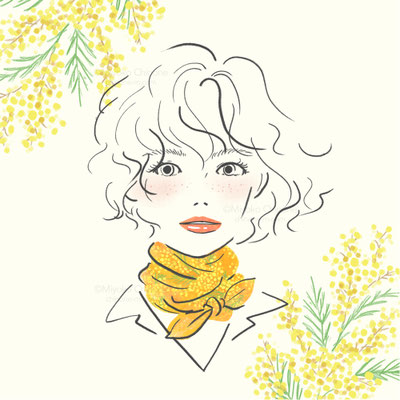 ミモザに囲まれた女性のイラスト（オリジナル）