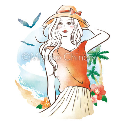 夏の海と女性のイラスト