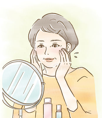 鏡の前で化粧水をつけているシニア女性のイラスト