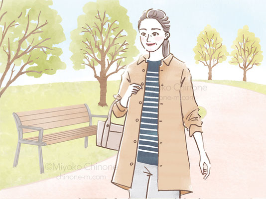 公園を散歩する女性のイラスト