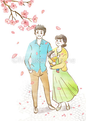 家族で桜を見ているイラスト