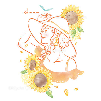 ひまわりと女性の夏のイメージイラスト（オリジナル）