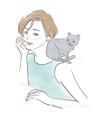 肩に猫を乗せた女性のイラスト（オリジナル）