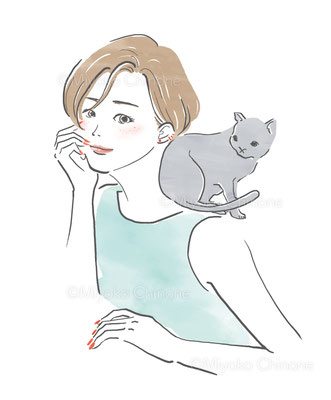 肩に猫を乗せた女性のイラスト（オリジナル）