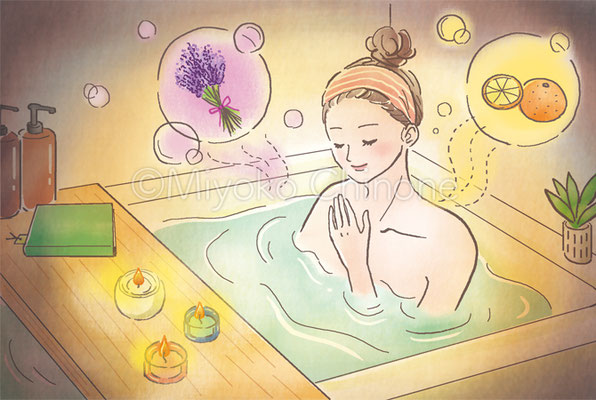 お風呂でアロマを楽しんでいる女性のイラスト