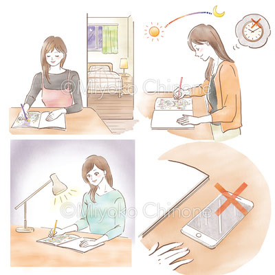 デスクで勉強をしている女性のイラスト