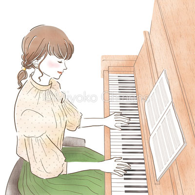 「のんびり弾きたい　オトナが始める初心者ピアノ2022-23」表紙イラスト　ピアノを弾く女性のイラスト