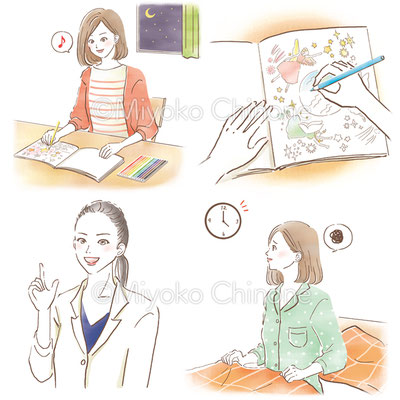塗り絵をしている女性のイラスト