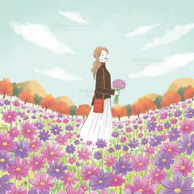 コスモス畑に立っている女性のイラスト