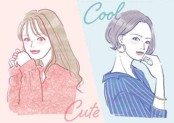 タイプ別の女性二人のイラスト（オリジナル）