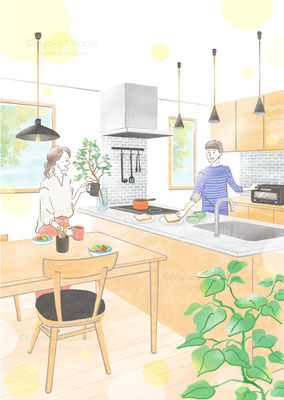 キッチンで朝食を準備しているイラスト