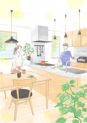 キッチンで朝食を準備している夫婦のイラスト