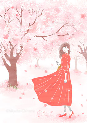 桜と女性のイラスト（オリジナル）