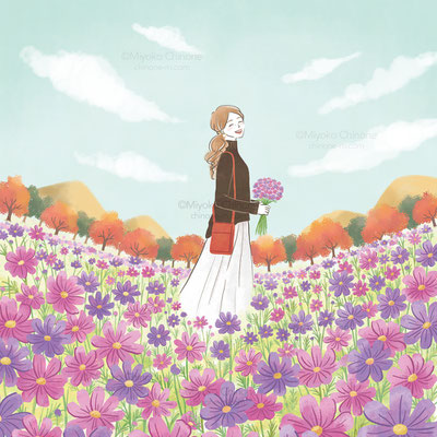 コスモス畑に立っている女性のイラスト