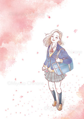 桜吹雪と女子高生のイラスト（オリジナル）