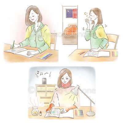 デスクで勉強している女性のイラスト