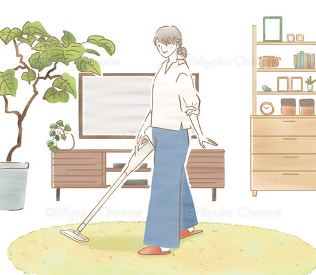 リンビングを掃除する女性のイラスト