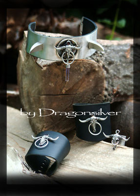 Set Wicca ,bestehend aus Kautschuk Armstulpen,Choker und Ring, 925er Sterling Silber, Amethyst, Granate