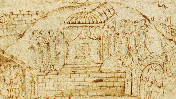Psaume 134. À gauche du tabernacle, une lyre ; à droite, une lyre et un luth.