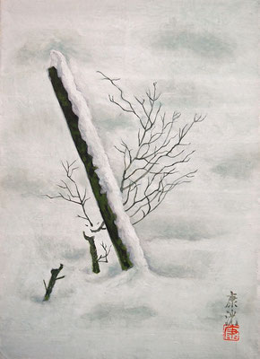 雪の朝　鳥の子、岩絵具　F4(24.2×33.3cm）　2014年