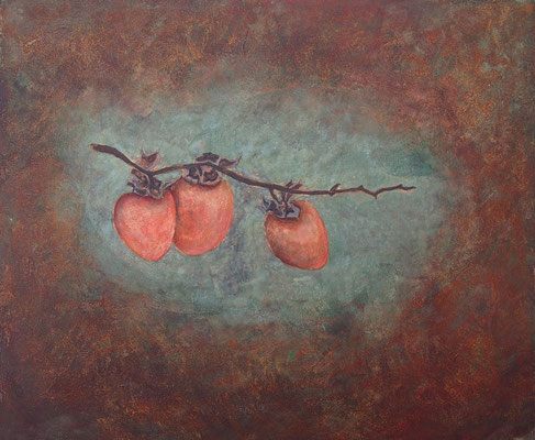 柿三つ　鳥の子、岩絵具　F8(38×45.5cm）　2012年　個人蔵