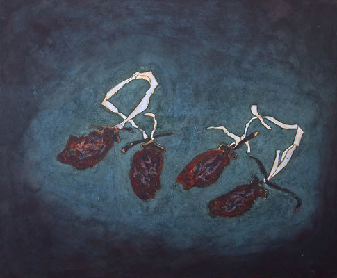 干し柿　鳥の子、岩絵の具　F8(38×45.5cm）　2012年