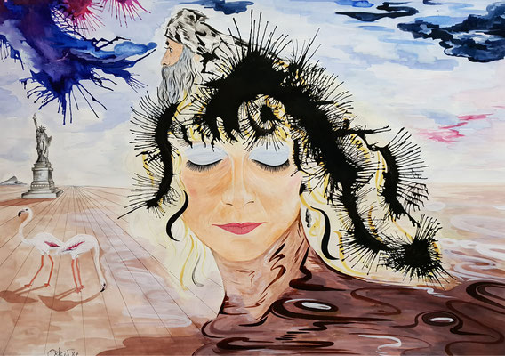Friedliche Flamingos oder in den Fängen Bhagwans - Tusch, Acryl auf Papier 50x70