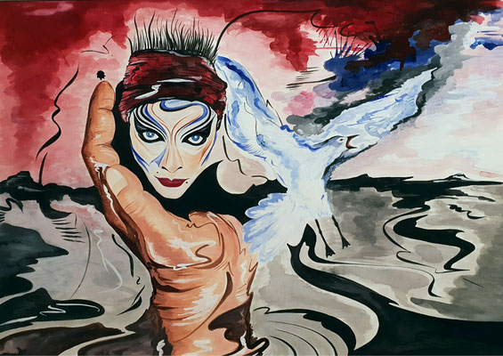 Der Schrei der Möwe - Tusch, Acryl auf Papier 50x70