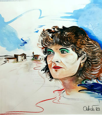 Frau auf dem Dorfe - Neopastell auf Papier 40x45